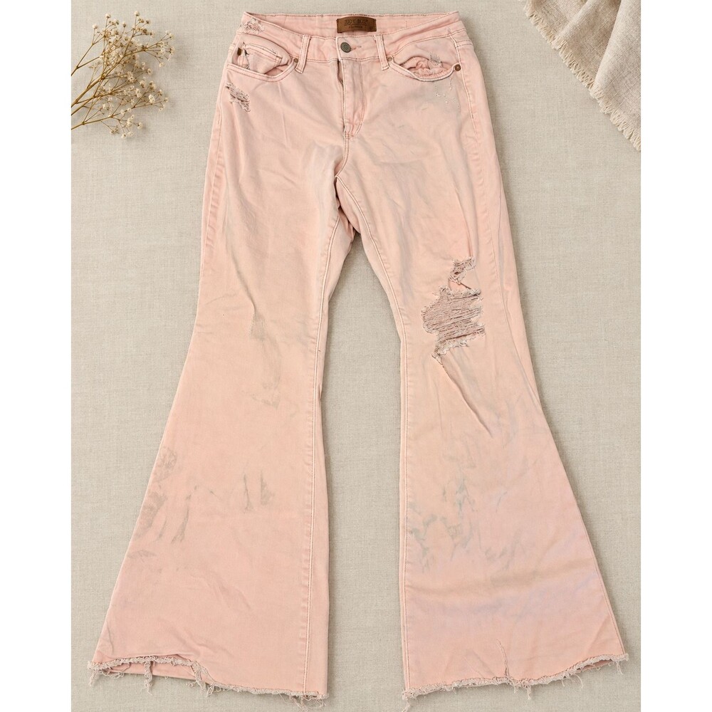 Judy Blue JB88595 Pink Distressed Flare Jeans 16W Mid Rise Raw Hem Stretch